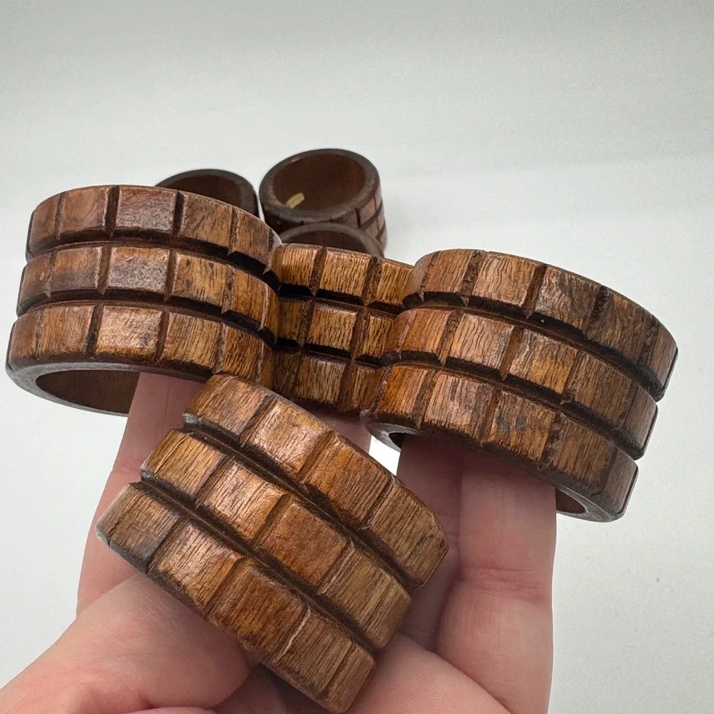 Vintage Dark Wood Napkin Rings Set of 8 Carved Grid Pattern Brown Rustic Decor